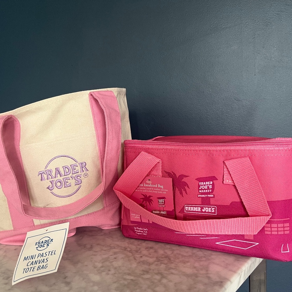 Trader Joe's Pink Set Combo - Canvas Mini Tote &  Insulated Mini Cooler Bag